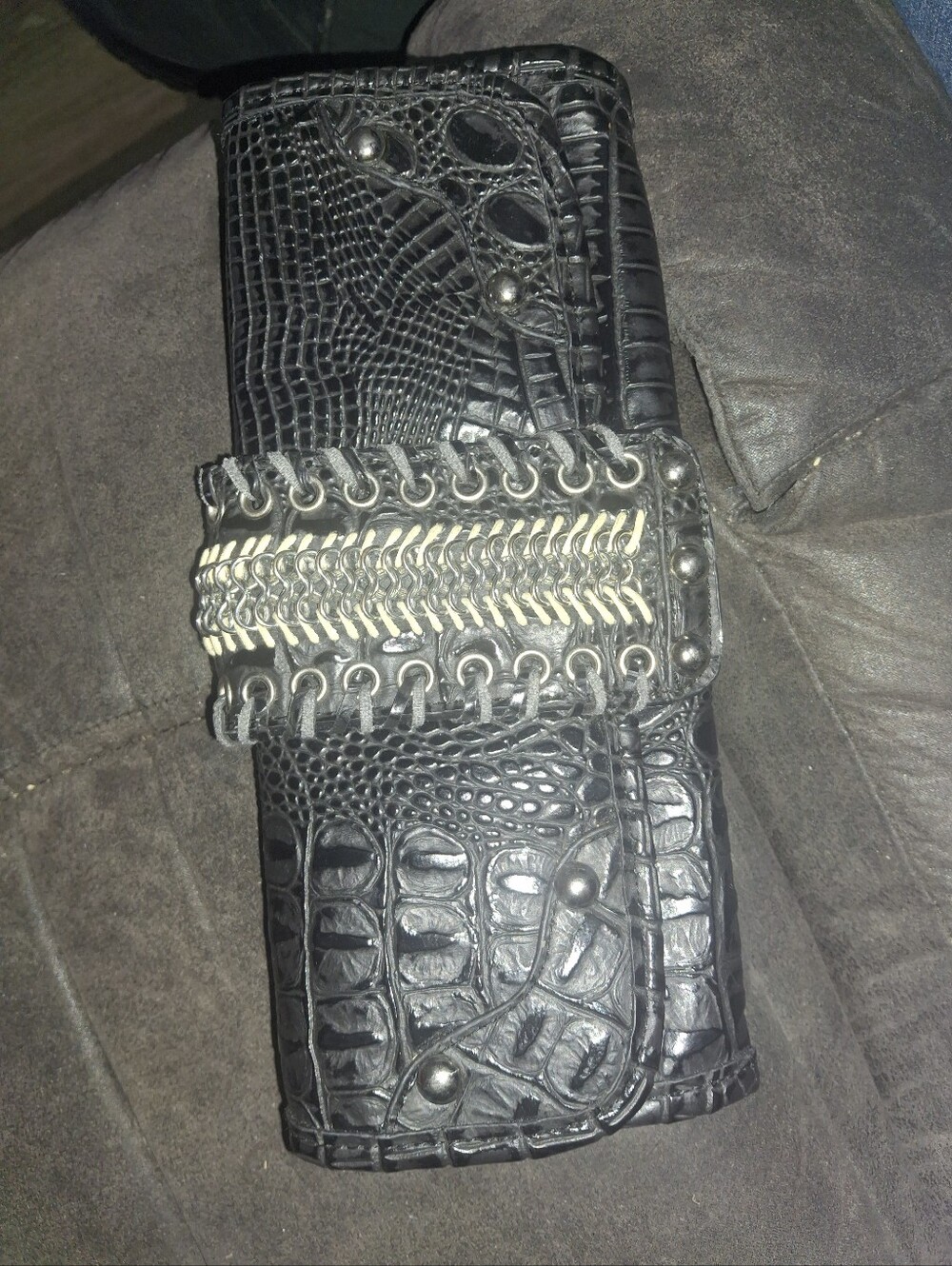 Black Croc-Embossed Women's Clutch Wallet with Chain Detail